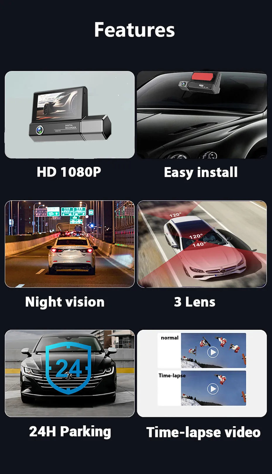 Black 3-lens car dash camera with touch screen for HD 1080P recording.
