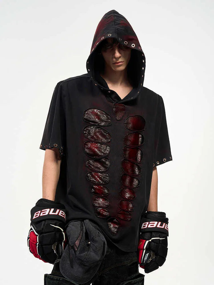 Black men's hooded sequin T-shirt loose fit short sleeves