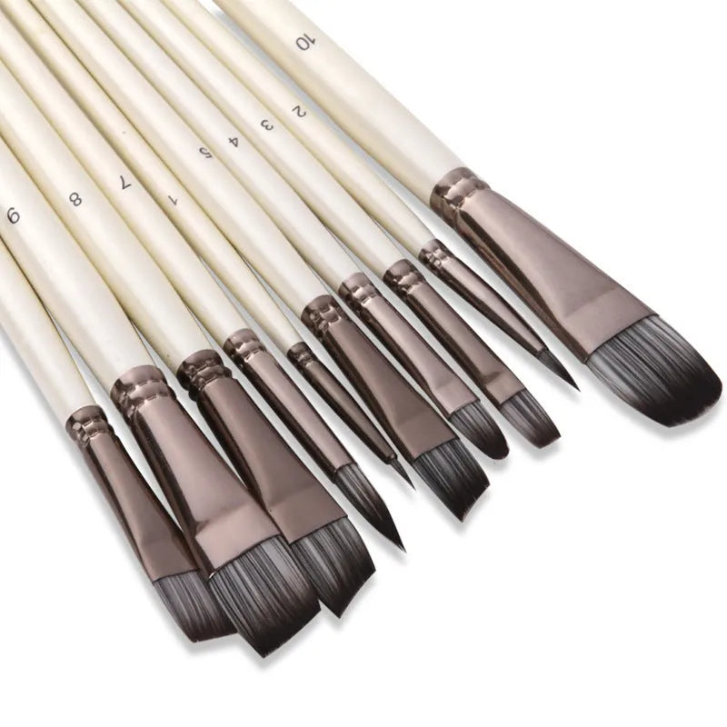 10 pearl white nylon watercolour brushes with wood handles in PVC packaging