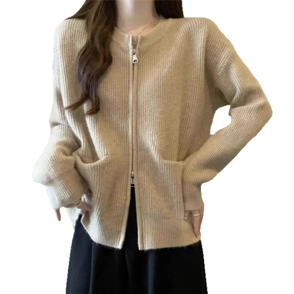 Beige long sleeve cardigan-style sweater coat made from soft viscose fibre fabric.