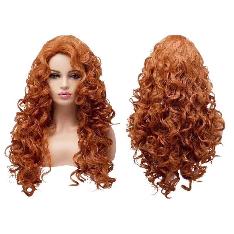 Brown long wavy curly synthetic wig with instant noodles texture and red net head cover