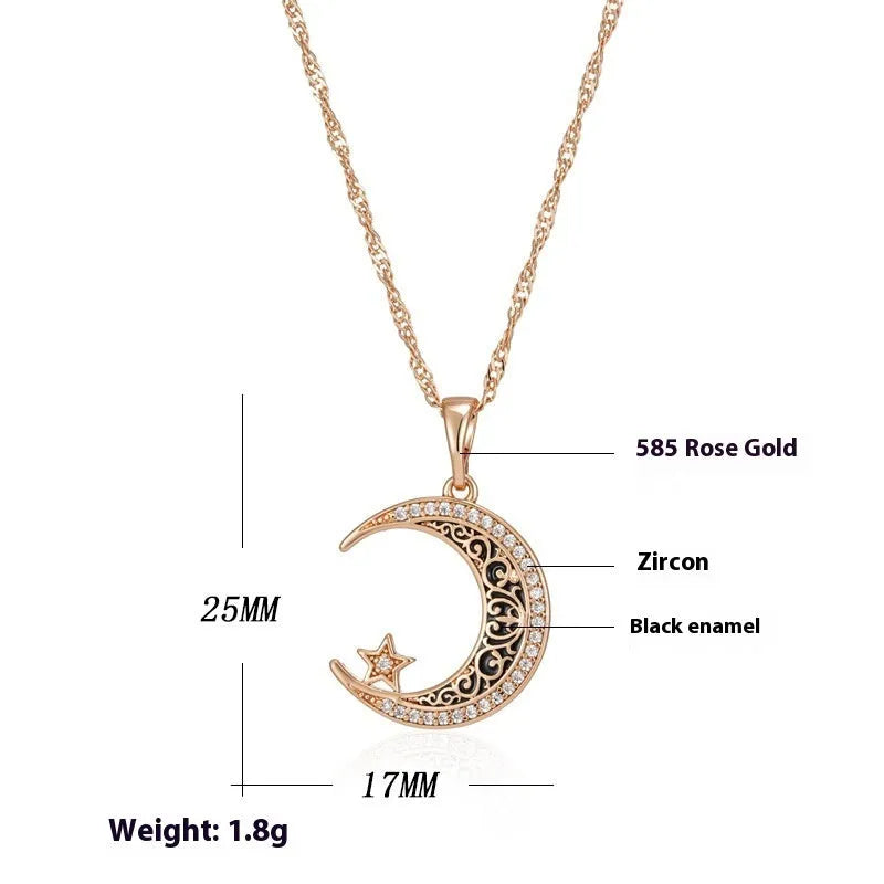 Rose gold tone star moon necklace with zircon enamel pendant on a water wave chain, unisex 21-50cm
