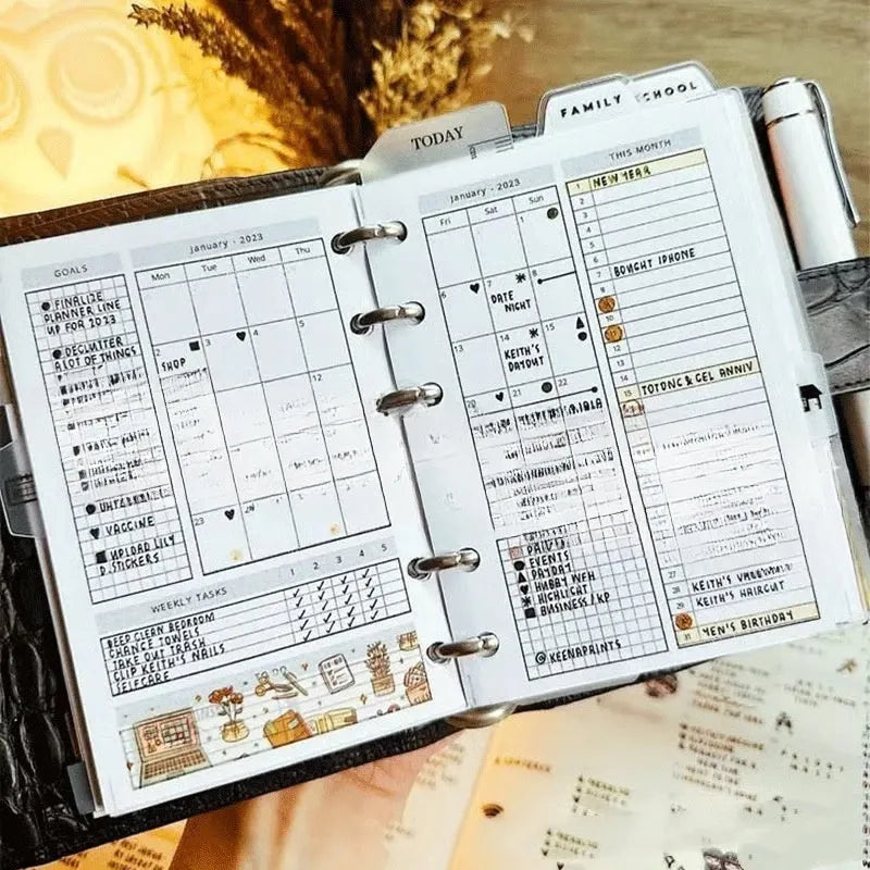 Weekly planner notebook with black or brown cover and coated paper pages in European style