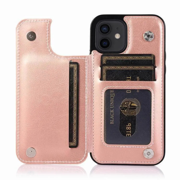 Brown crazy horse pattern leather holster case for Apple iPhone 13 with a visible double buckle.