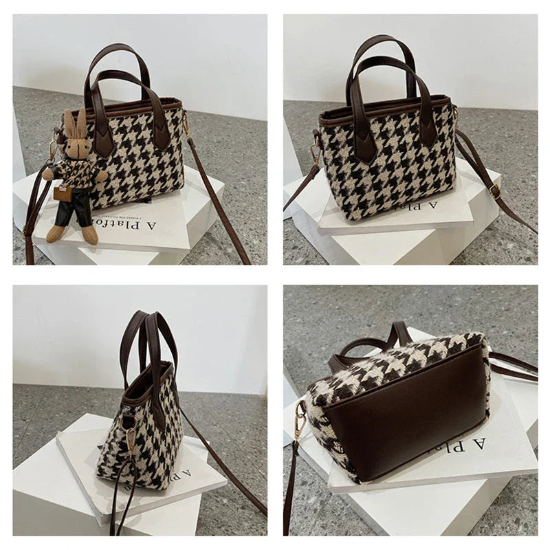 Stylish houndstooth shoulder bags in various colors, featuring a spacious square shape, adjustable strap, and classic checkerboard pattern.