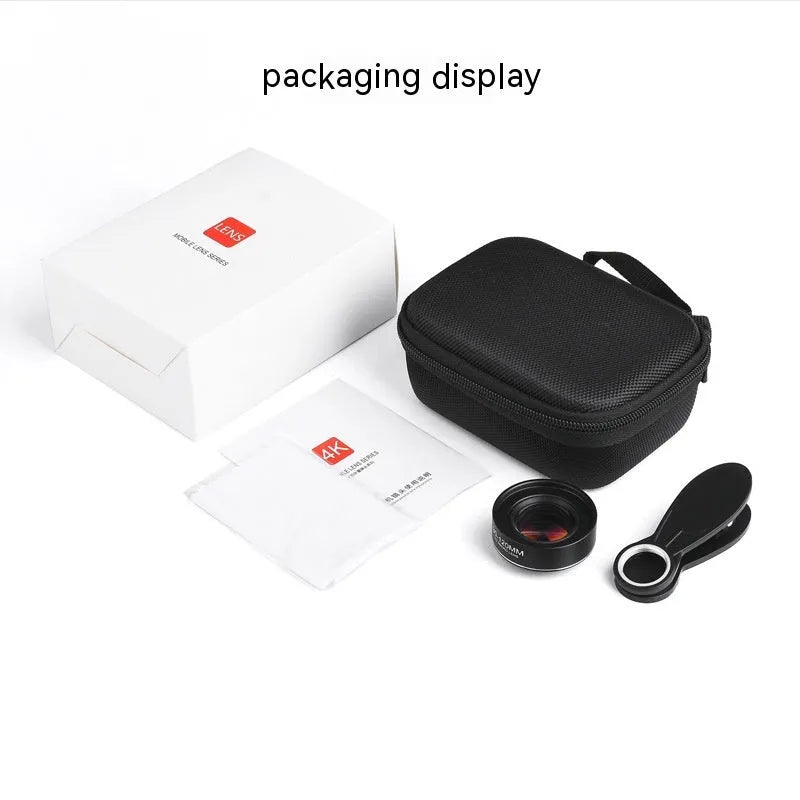 Mobile phone rear macro lens with optical glass and universal clip set on white background