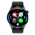 Black smart watch with circular colour screen on a silicone strap, showing call interface