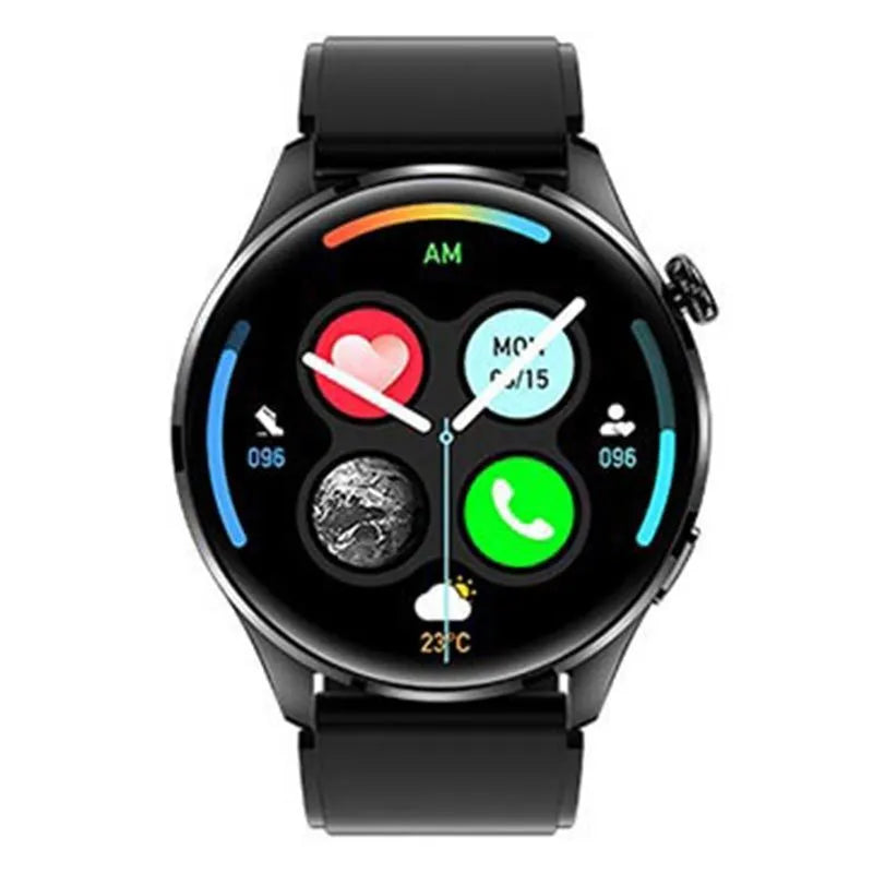 Black smart watch with circular colour screen on a silicone strap, showing call interface