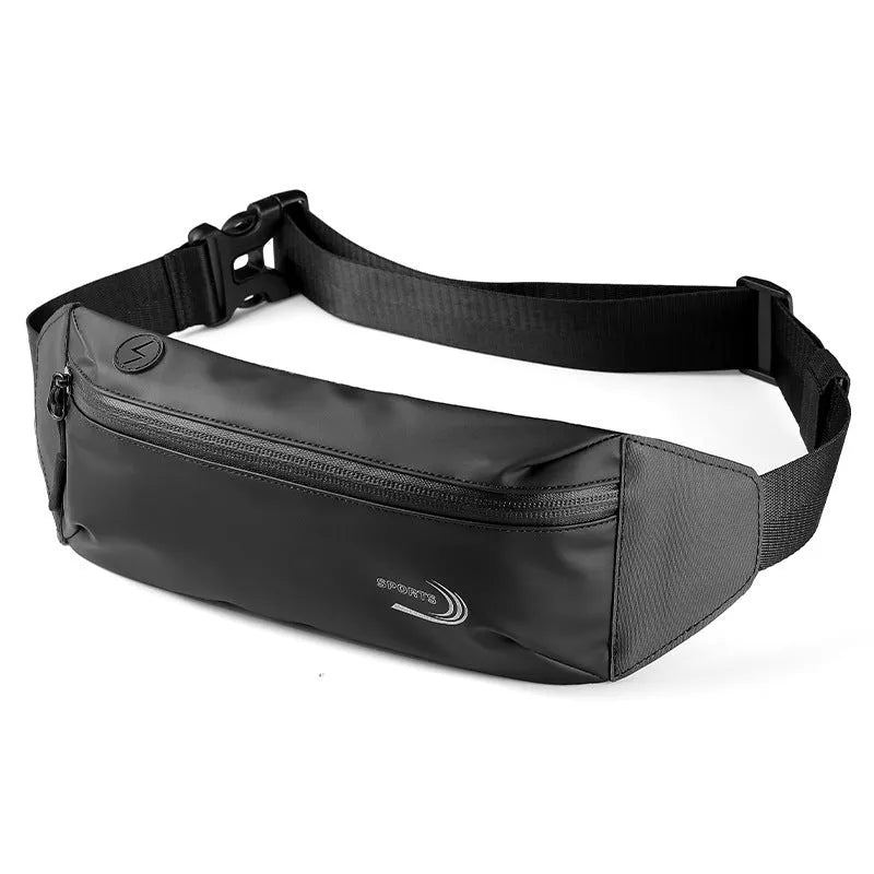 Men's waterproof sports waist bag in black, blue or grey made from 600D Oxford polyester.