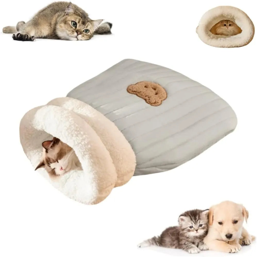 Plush cat sleeping bag in Blue, M size 44 x 37 cm, semi-enclosed cat bed cave for indoor cats and kittens