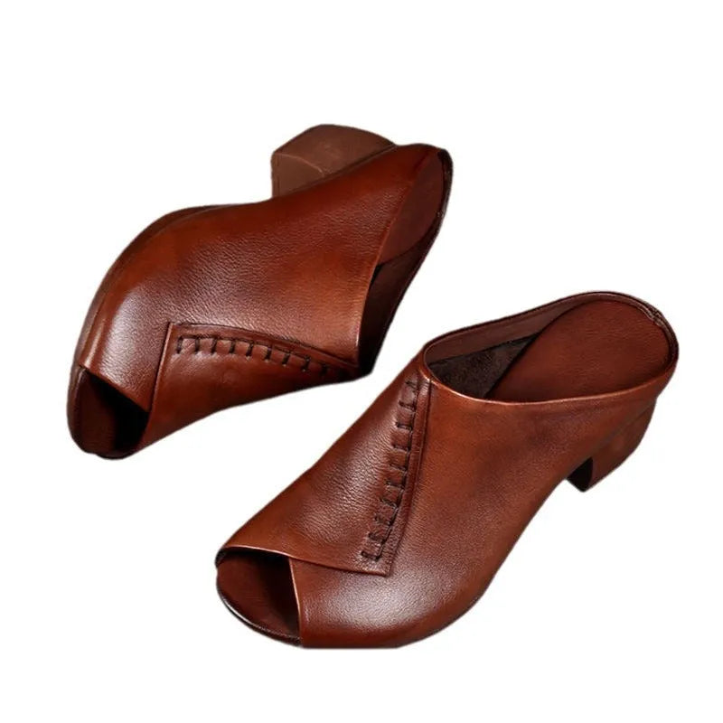 Women's black square heel peep-toe slippers with rubber sole and fish mouth design