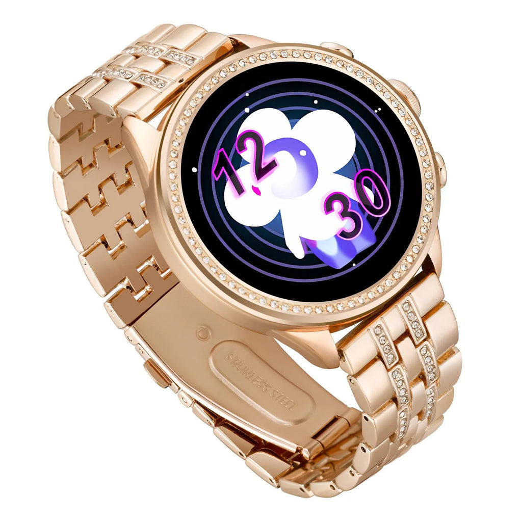 Gold smart watch with TFT screen featuring Bluetooth calling and health monitoring functions on a woman's wrist