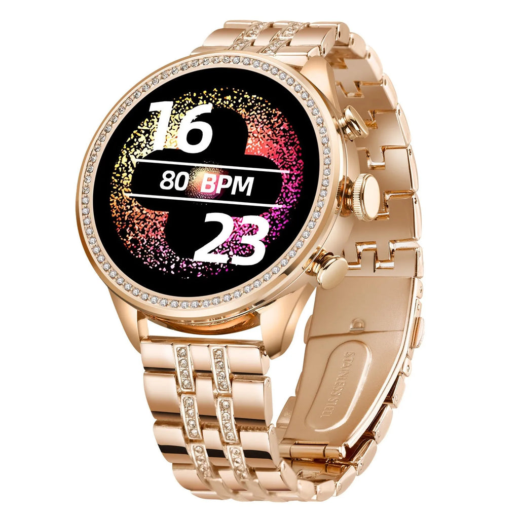 Gold smart watch with TFT screen featuring Bluetooth calling and health monitoring functions on a woman's wrist