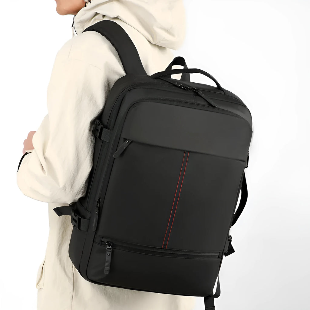 Men's waterproof large capacity travel backpack, solid colour, black or grey, 45x31x21cm, business commute design