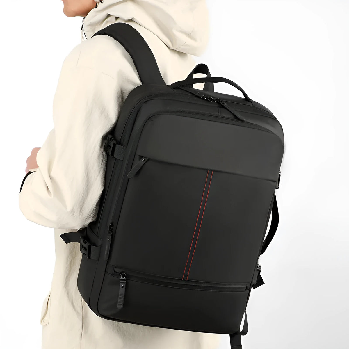 Men's waterproof large capacity travel backpack, solid colour, black or grey, 45x31x21cm, business commute design