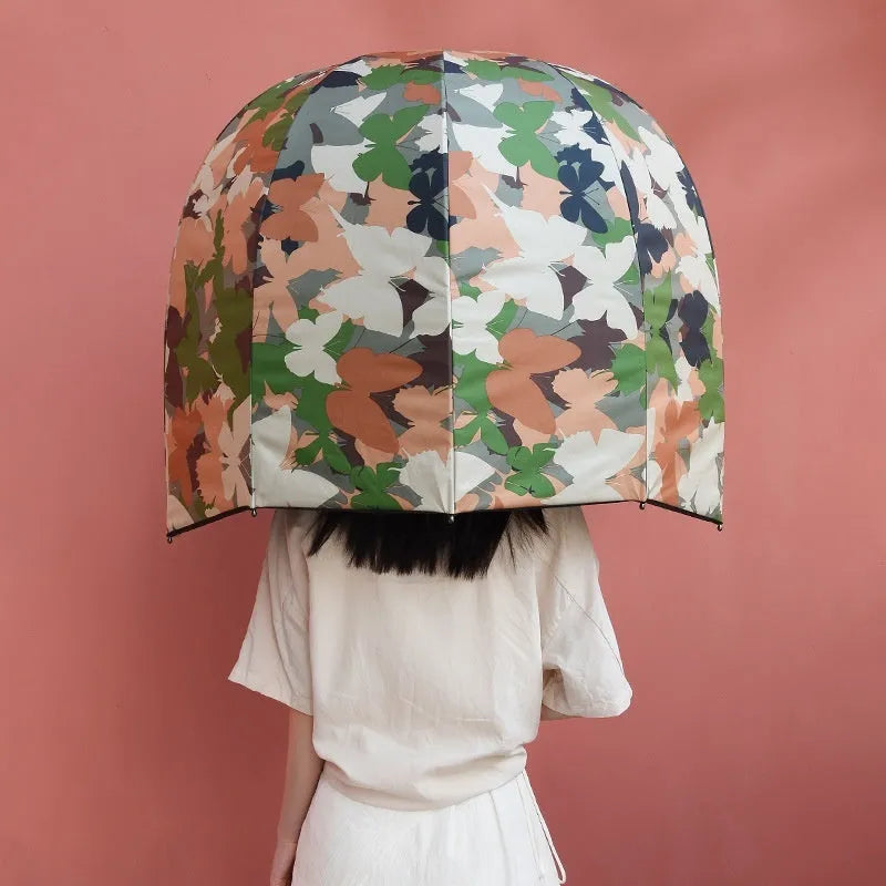 76cm diameter helmet umbrella with long handle in vinyl-laminated NC fabric showing dual sun and rain protection design