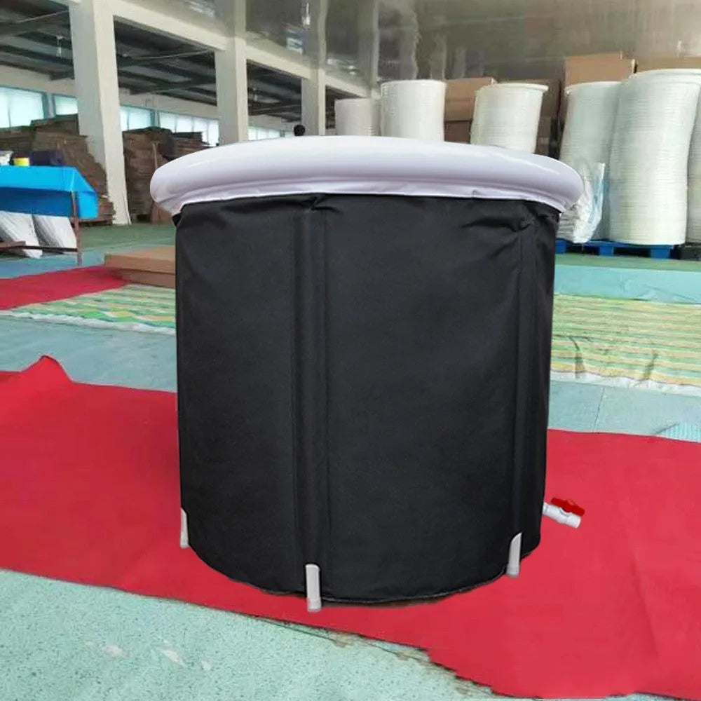Black portable inflatable ice bath tub measuring 70x80cm with weather lid and drainage components