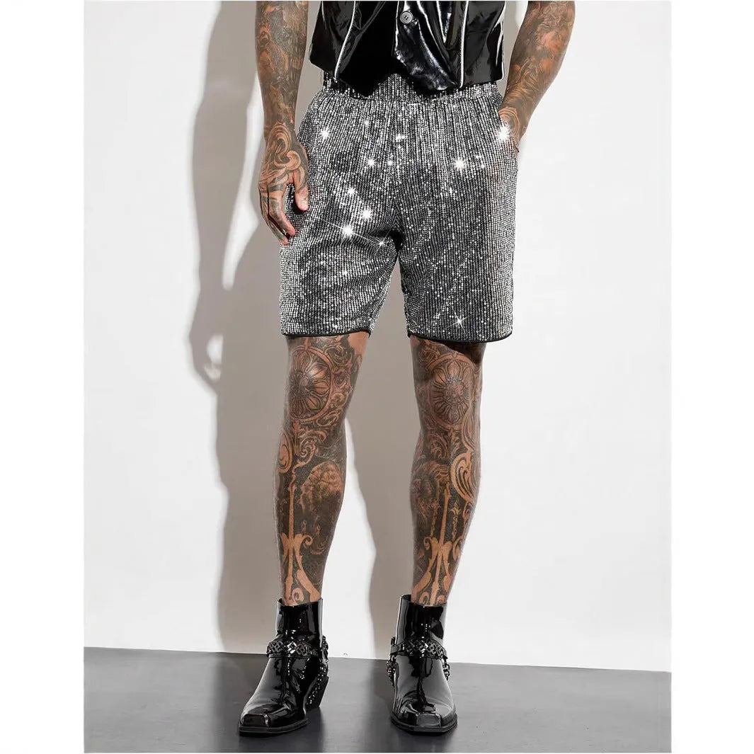 Men's silver sequins straight shorts with elastic waistband on cotton blend fabric