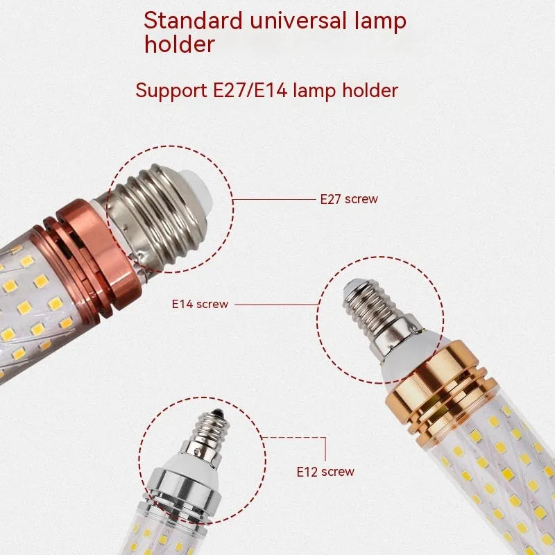 E14 screw base LED corn light bulb with 60 LEDs, available in three light colours: warm white, neutral, and cool white.