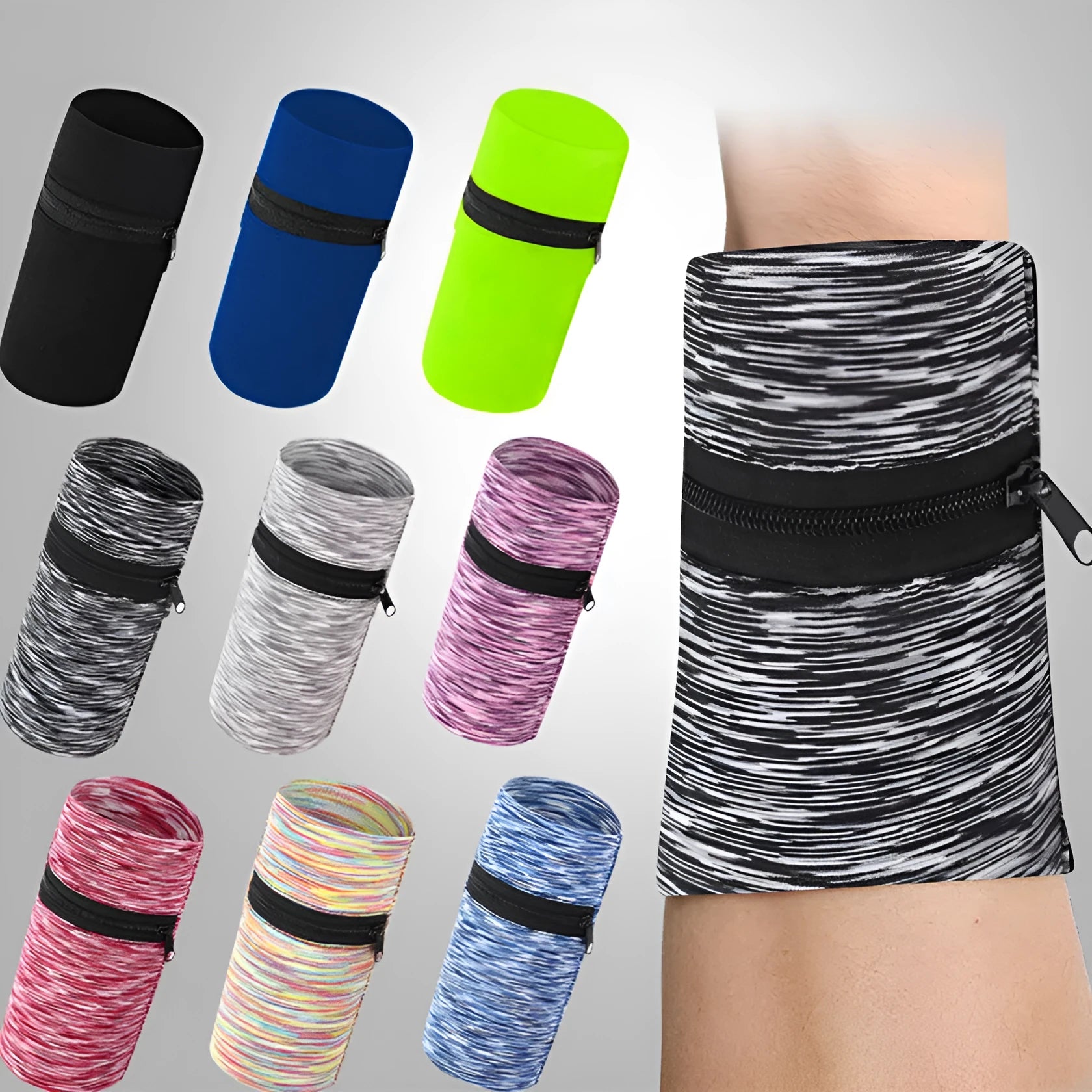 Large capacity polyester sports arm bag for mobile phones shown in multiple colour options including black, blue, and striped patterns.