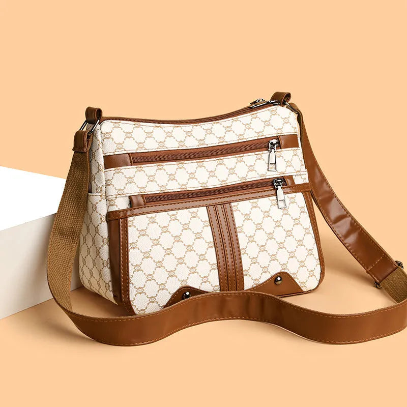 Brown and white large women's crossbody bag with stitching pattern detail