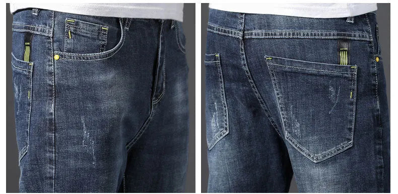 Men's stretch cotton jeans straight leg cropped Korean style blue grey washe