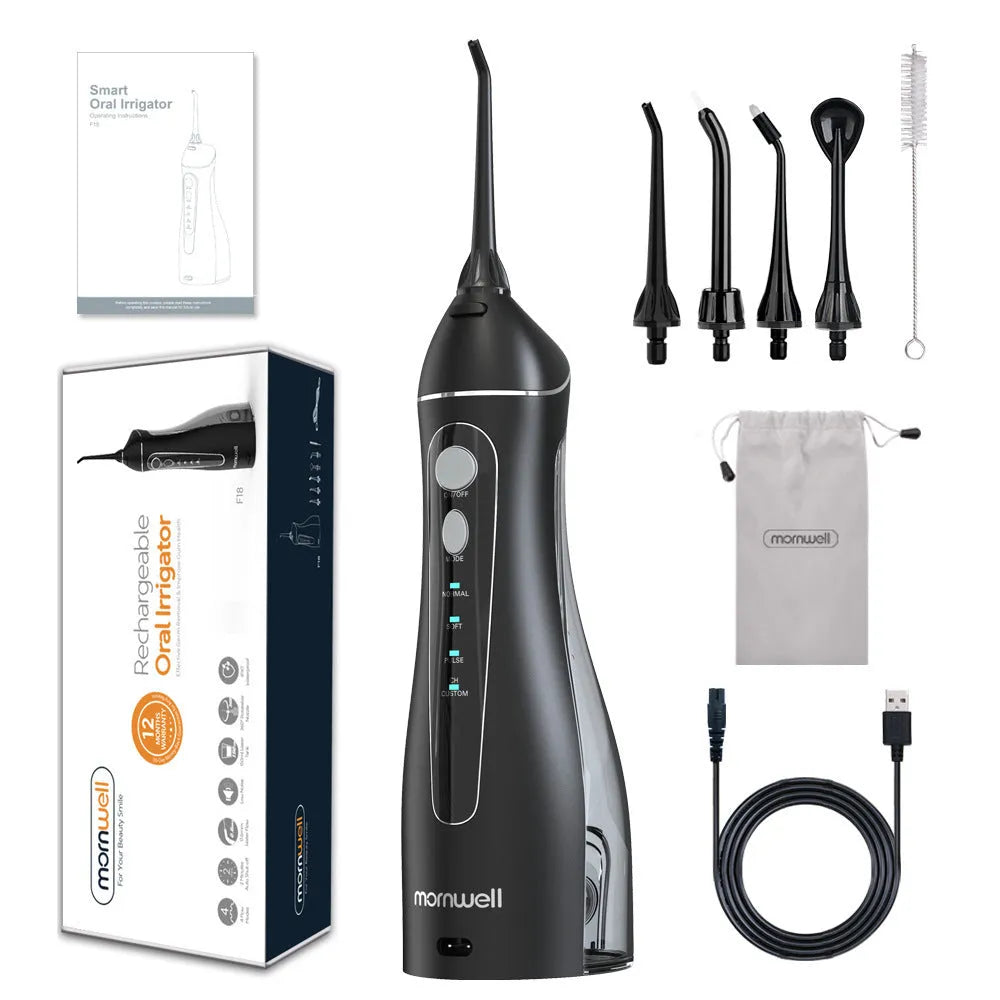 Black portable oral irrigator water flosser with built-in battery for adult home dental care.
