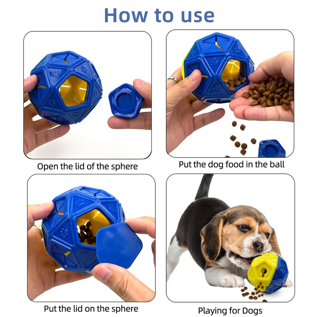 Blue chew-resistant hollow dog puzzle ball with treat openings
