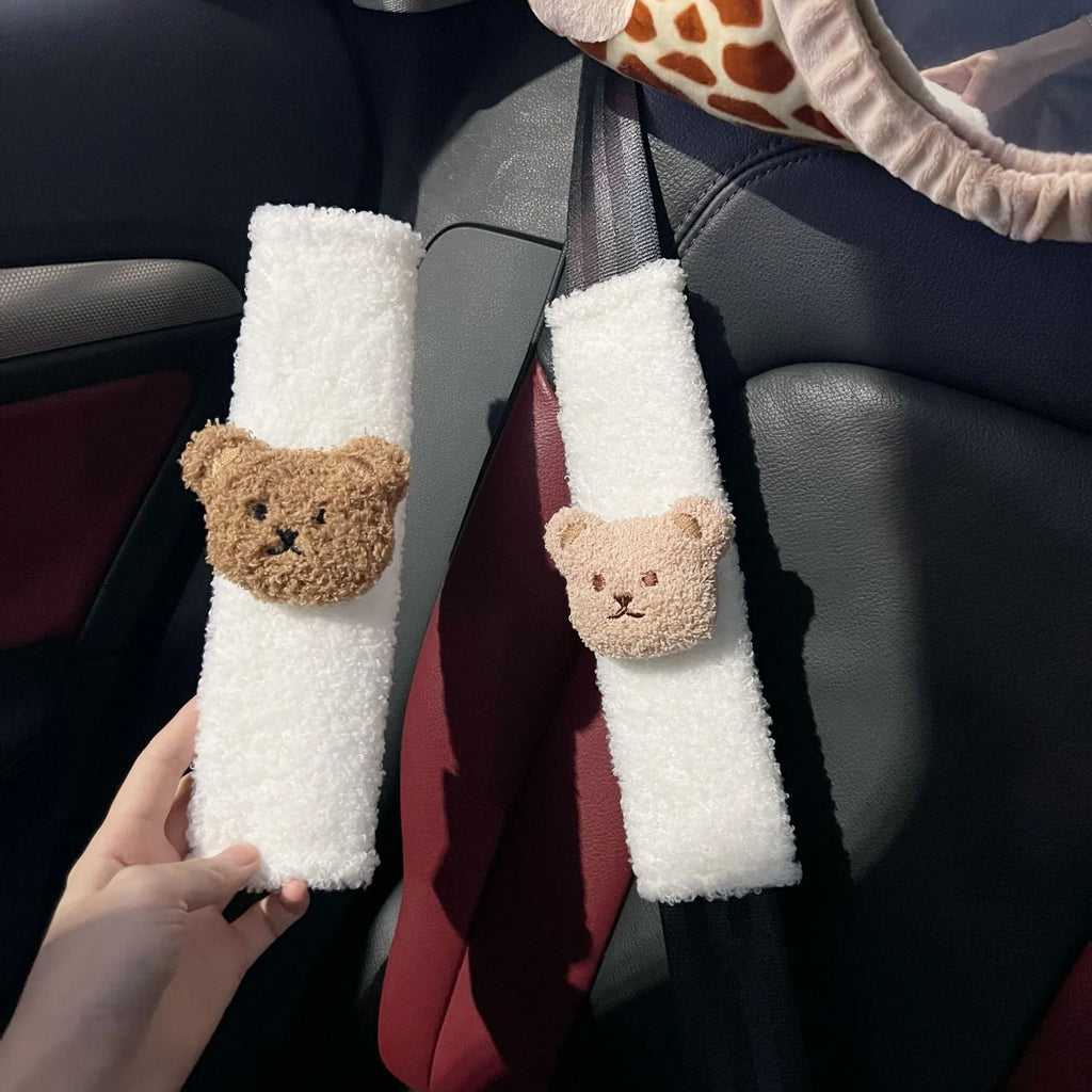 Cartoon bear plush car seat belt cover shoulder protector 25cm length khaki coffee bear design