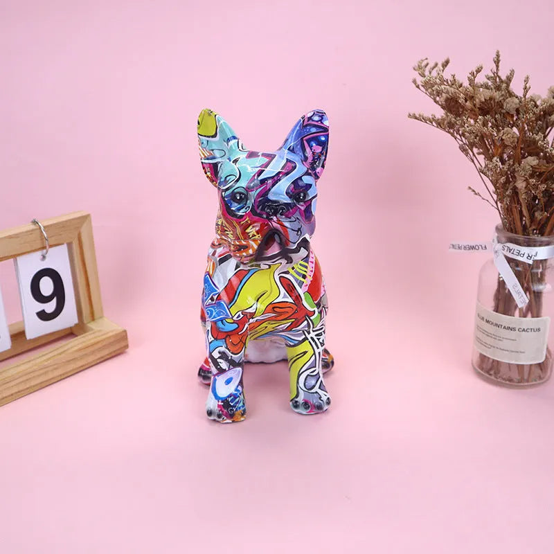 Graffiti colour finish French Bulldog resin statue on a table, modern simple style.
