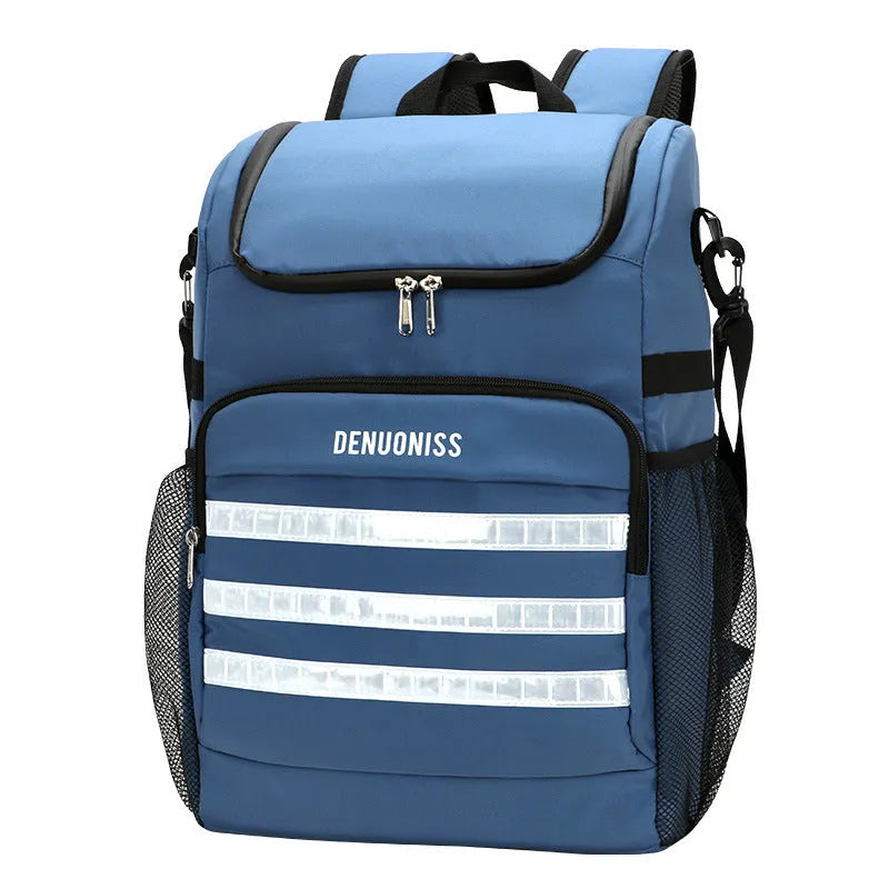 Black cloth backpack with built-in bottle opener showing 20-litre capacity and waterproof insulation