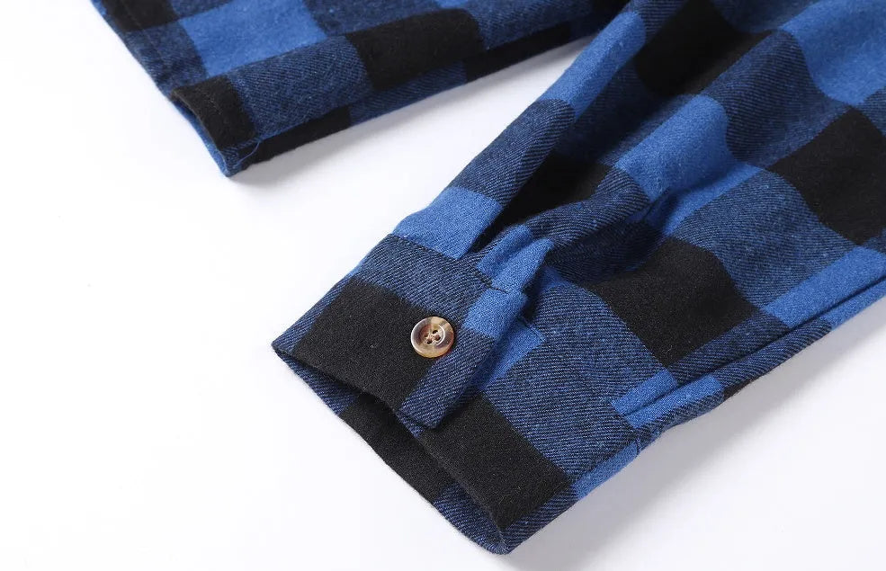Dark blue and black long-sleeved checked shirt with double chest pockets and lapel collar for men, shown from front, autumn casual wear