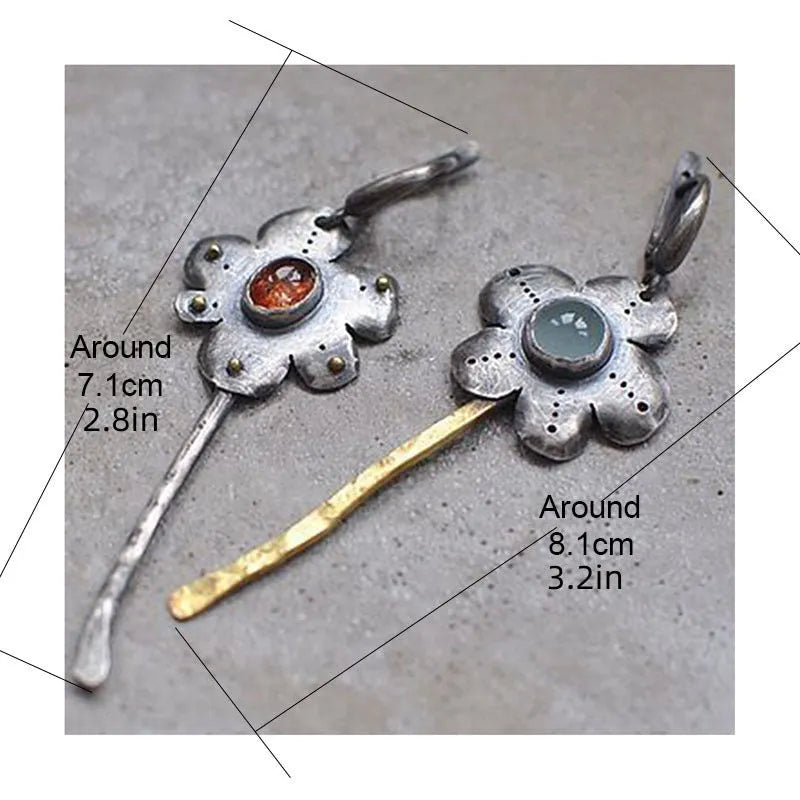 Retro style two-tone geometric drop earrings with asymmetric floral design