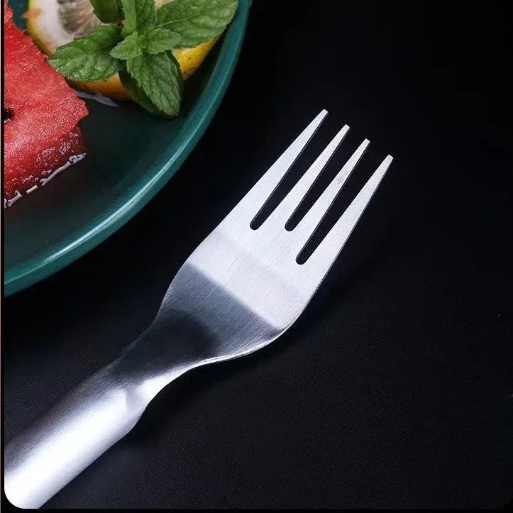 Silver stainless steel watermelon slicer with a 26cm handle and a 3.6cm wide rounded fork head.