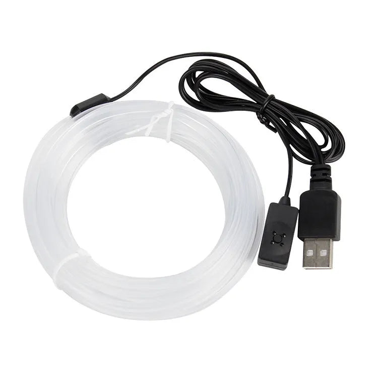 Colourful RGB LED car ambience light strip with USB plug, showing flexible PVC construction.