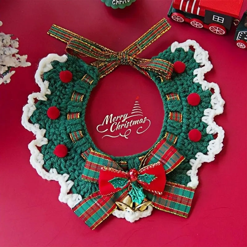 Adjustable Christmas knit pet collar with crochet elk pattern for cats and small dogs, sizes L and M