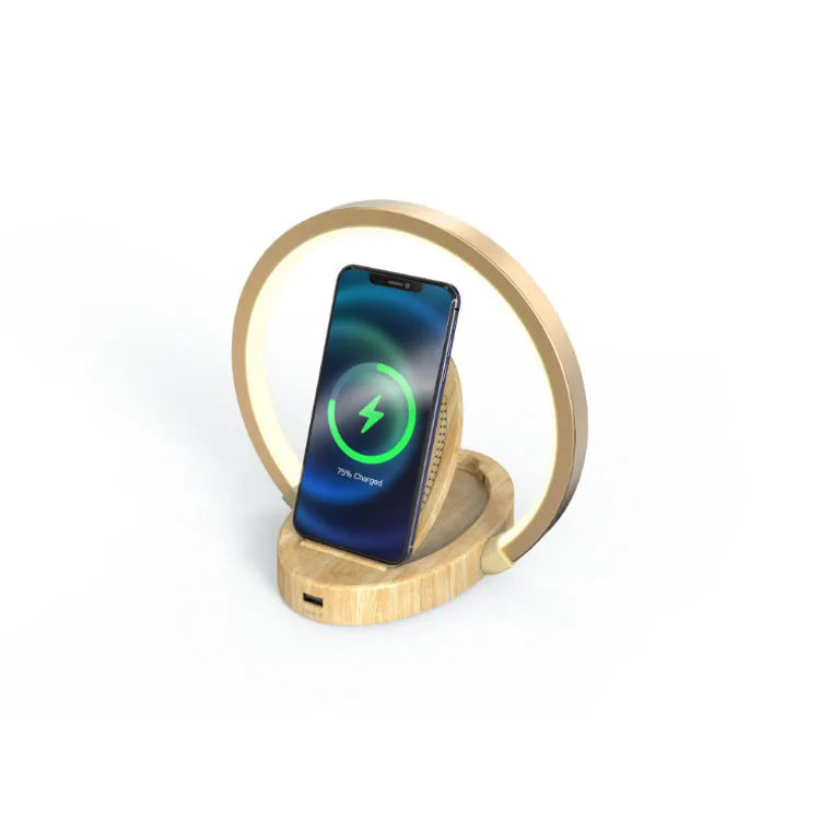 Wireless charging LED desk lamp with Bluetooth speaker, phone holder, and USB port in wood grain finish