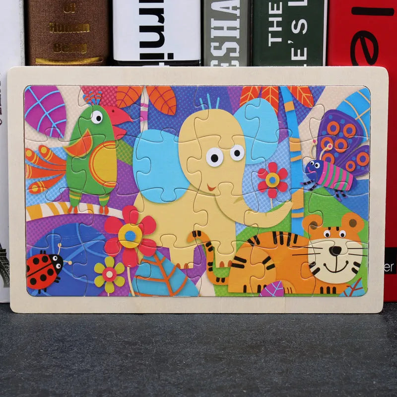80-piece wooden educational puzzle set for children with animal designs in an iron storage box