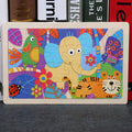 80-piece wooden educational puzzle set for children with animal designs in an iron storage box