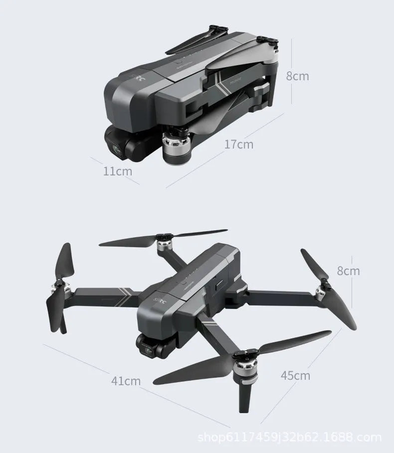 Black F11s PRO folding drone with 4K camera, shown both expanded for flight and folded for storage