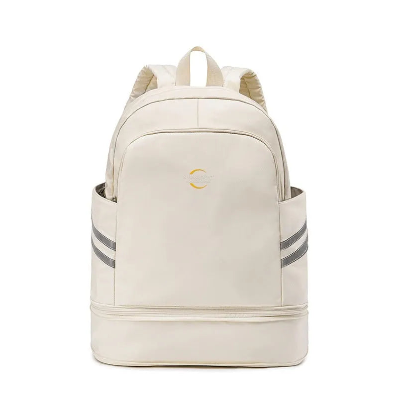 Large beige dry wet separation backpack with curved shoulder straps shown open to display compartments