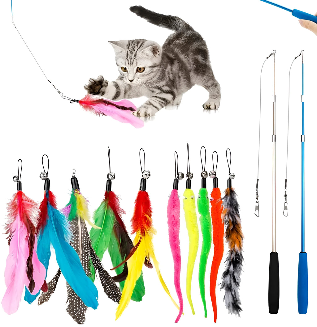 Cat teaser pole set showing two three-section fishing rods with feather attachments