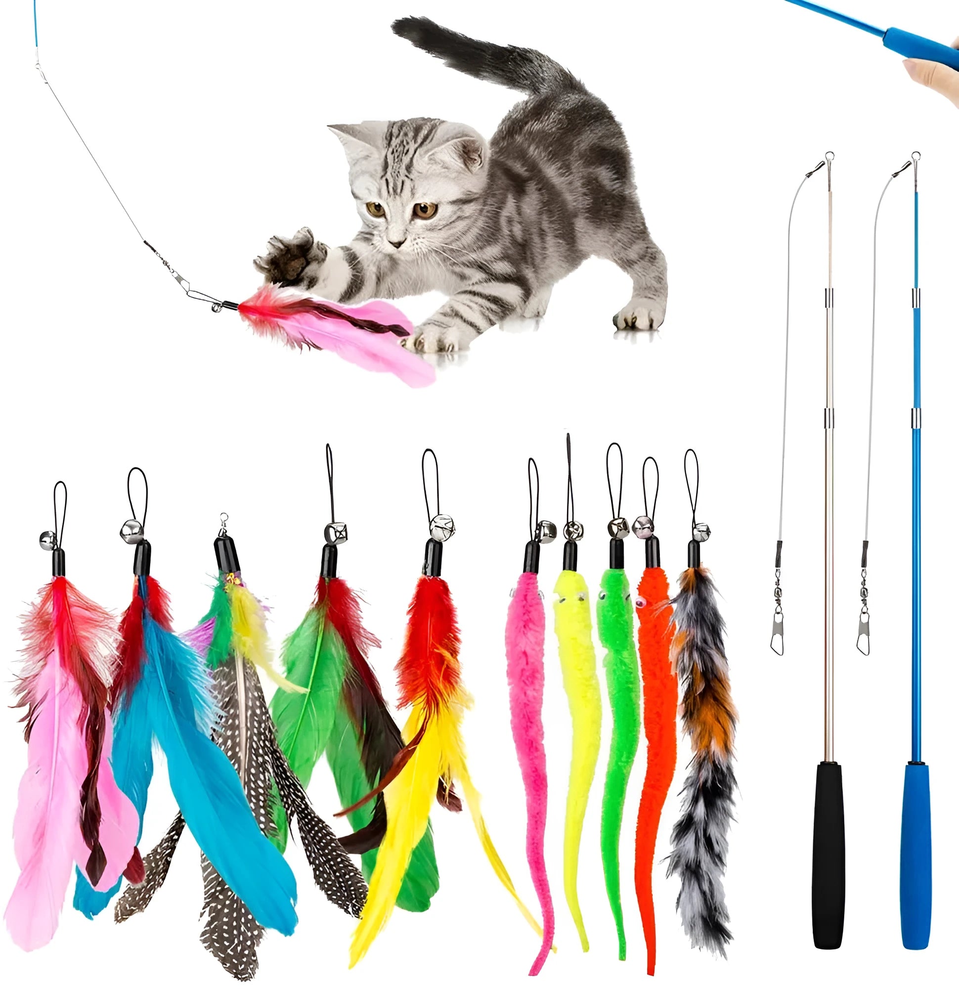 Cat teaser pole set showing two three-section fishing rods with feather attachments