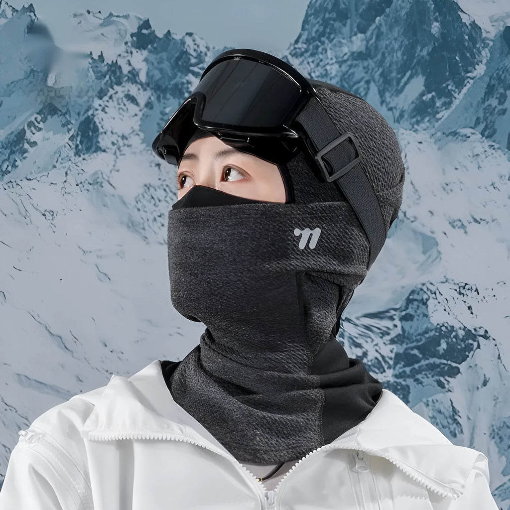 Winter polar fleece face mask in free size, unisex, shown in black, black and gray, and green colour options.