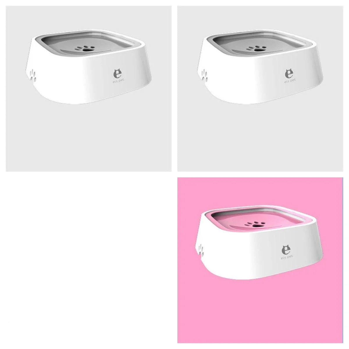 Spill-proof floating pet water bowl with slow feeder design, available in various colors and sizes