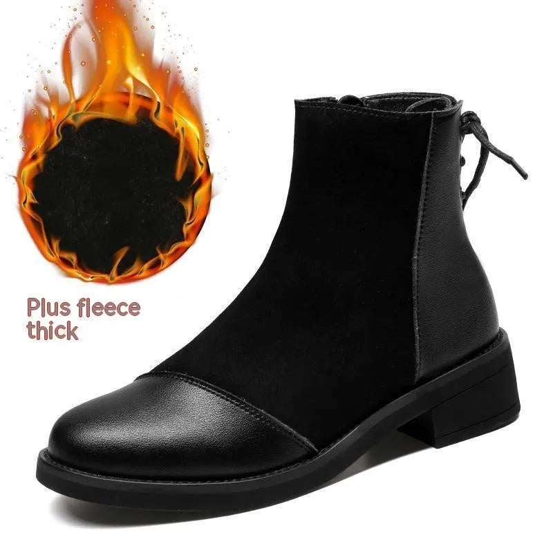 Black women's knee-high microfiber martin boots with side zipper and bow detail