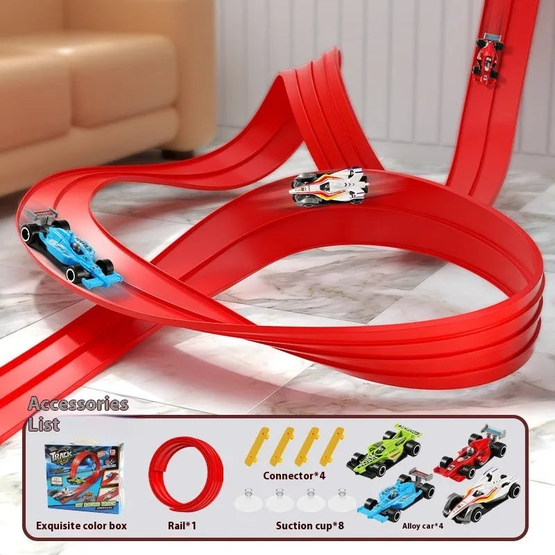 Cool DIY assembled inertia rail car set with plastic track and cars in red or blue options