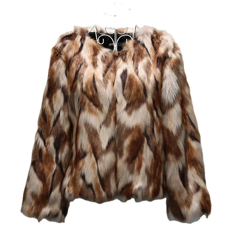 Korean slim-fit women's faux fur coat in artificial fur, shown in product colour.