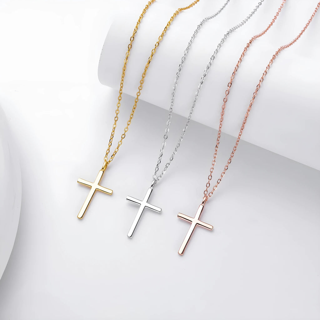 S925 sterling silver cross pendant necklace with adjustable O-shaped chain in gold, platinum or rose gold finish