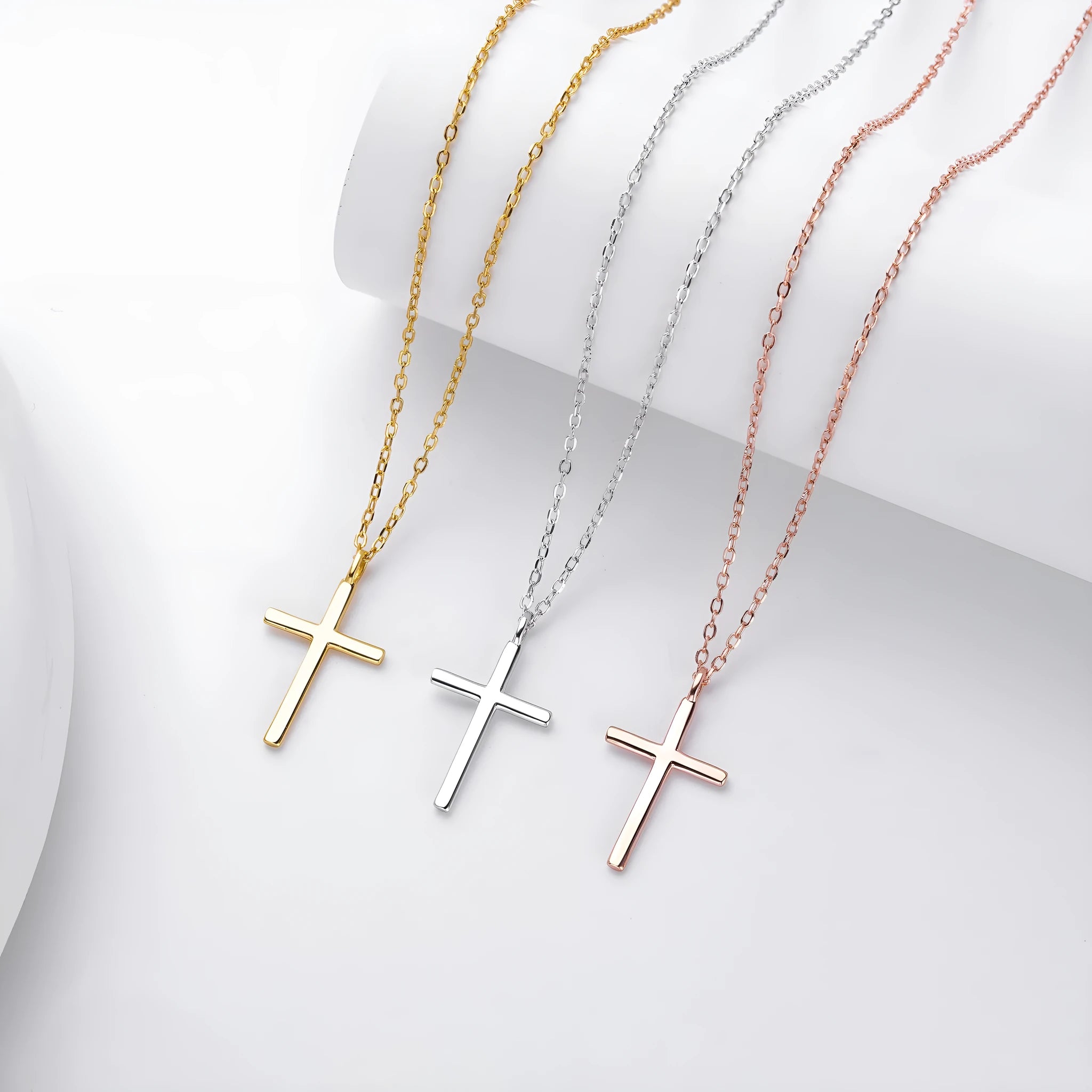 S925 sterling silver cross pendant necklace with adjustable O-shaped chain in gold, platinum or rose gold finish